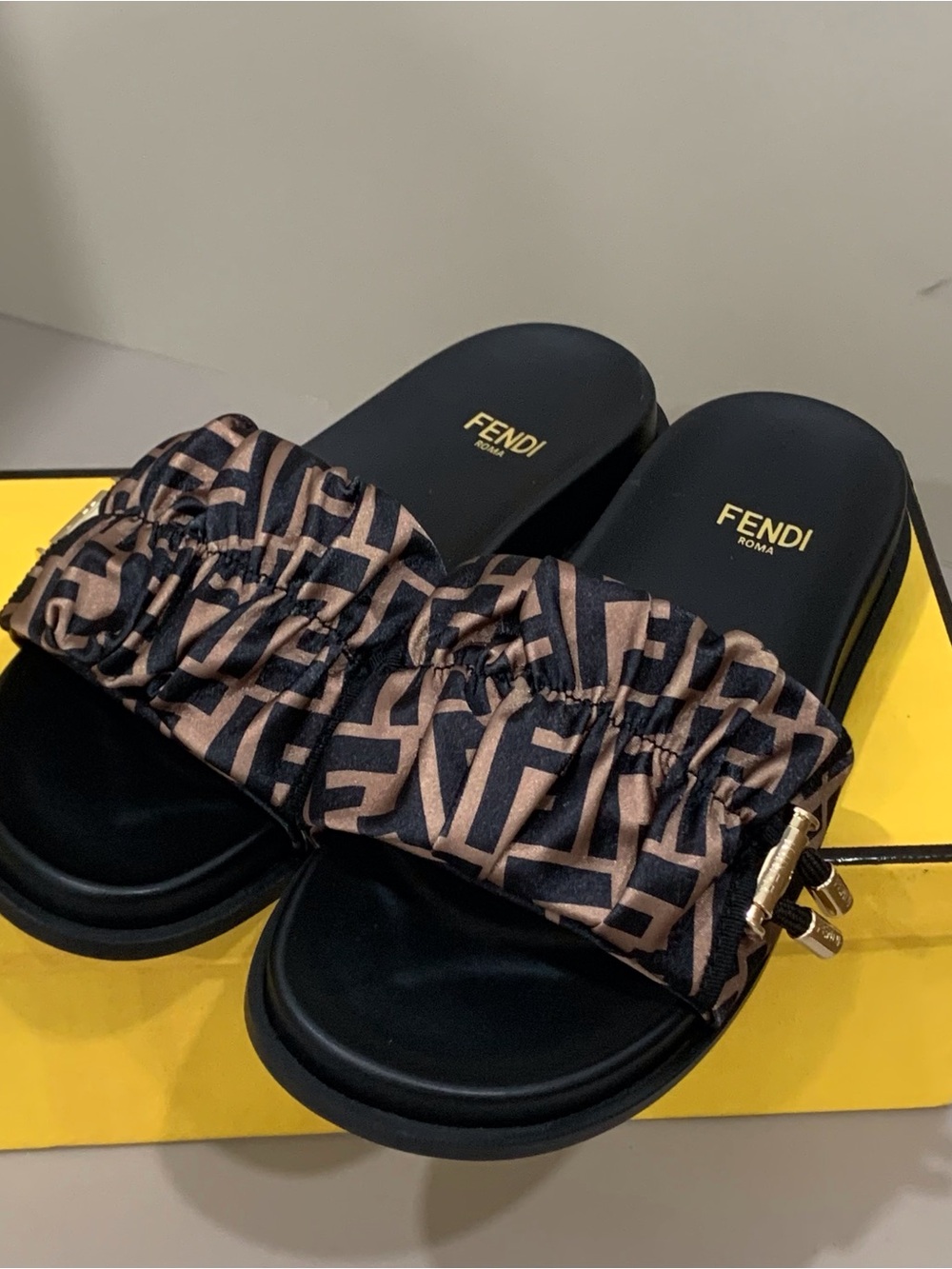 Authentic Fendi Brown & Black FF Logo Slide Sandals SZ 38
